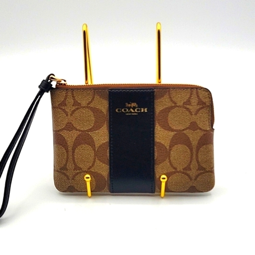 COACH Wristlet Coated Tan Canvas w/ Brown Leather & Signature C Print